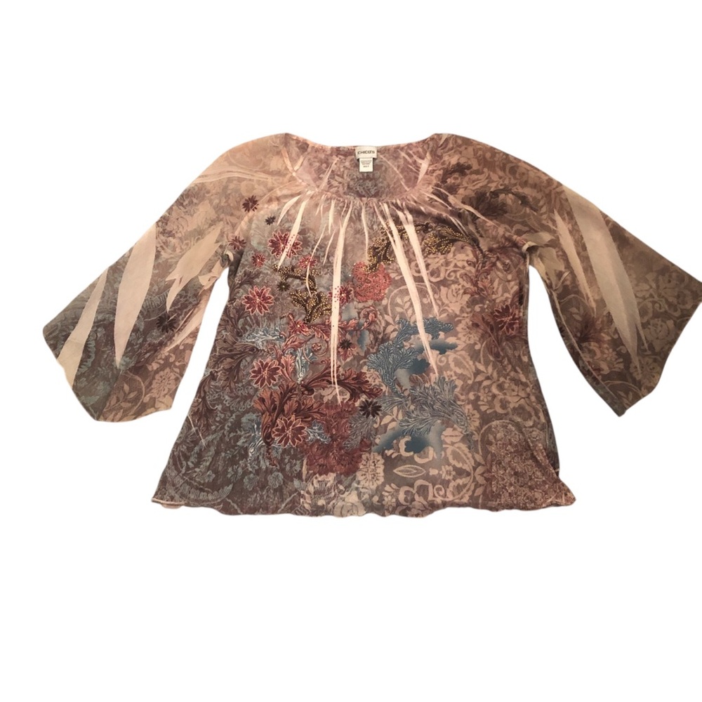 Fairycore Floral Print Knit Top with Sheer Bell Sleeves & Rhinestuds Size XL